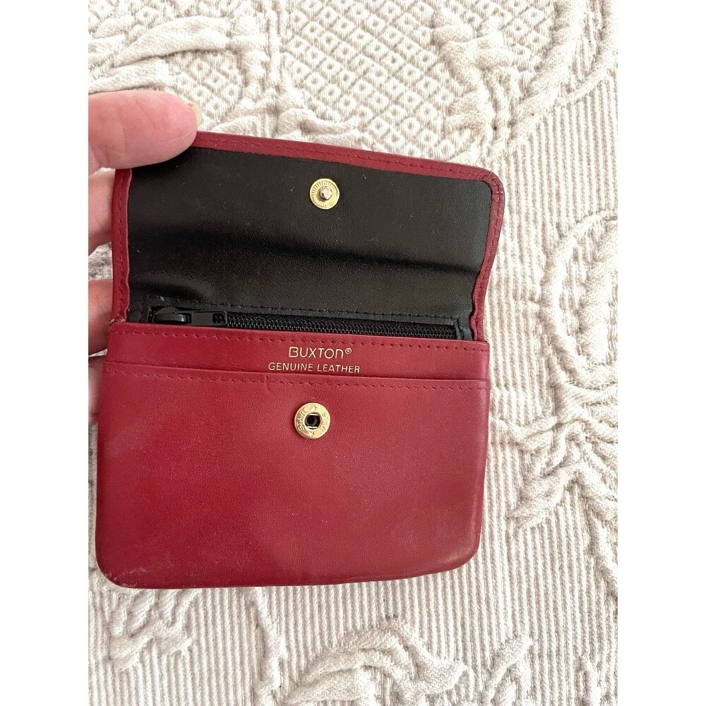 Buxton Red Genuine Leather Coin Credit Cd Wallet Snap Closure Zip Pocket Inside